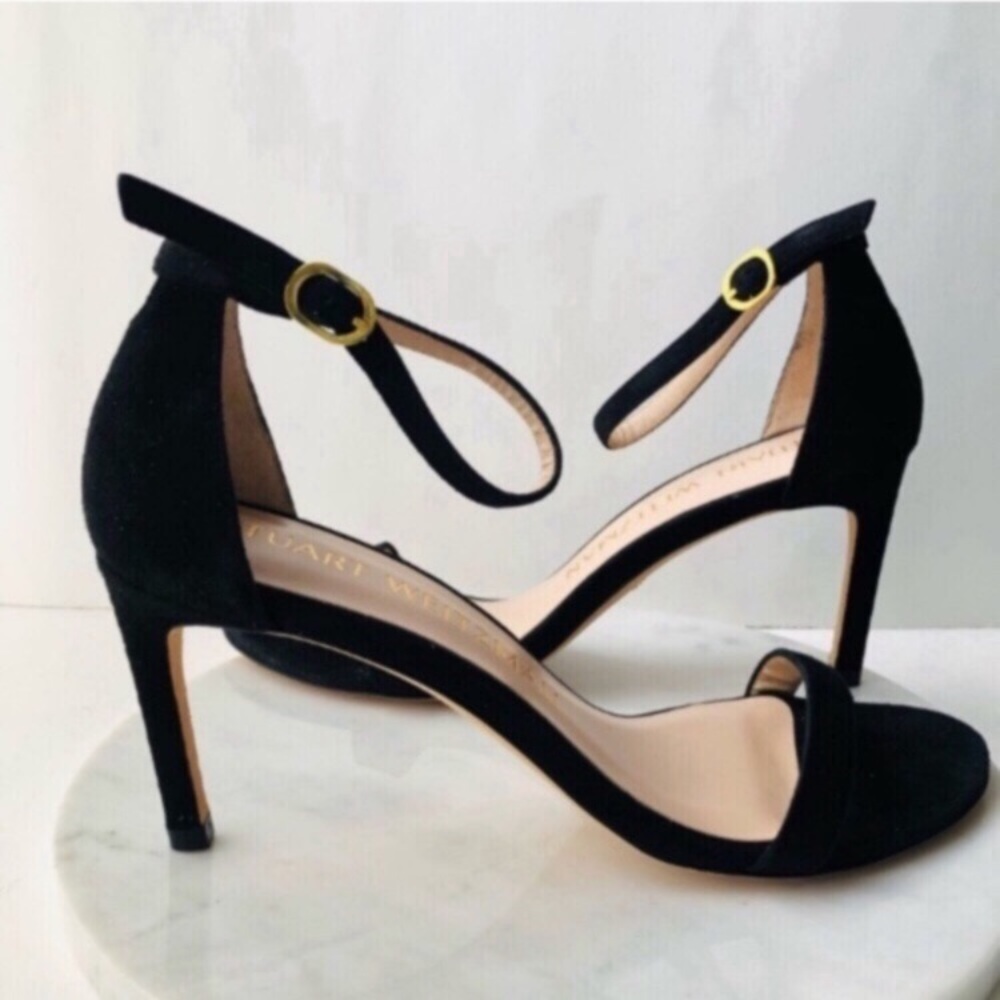STUART WEITZMAN NUNAKEDSTRAIGHT Black Suede Leather High Heel Sandals